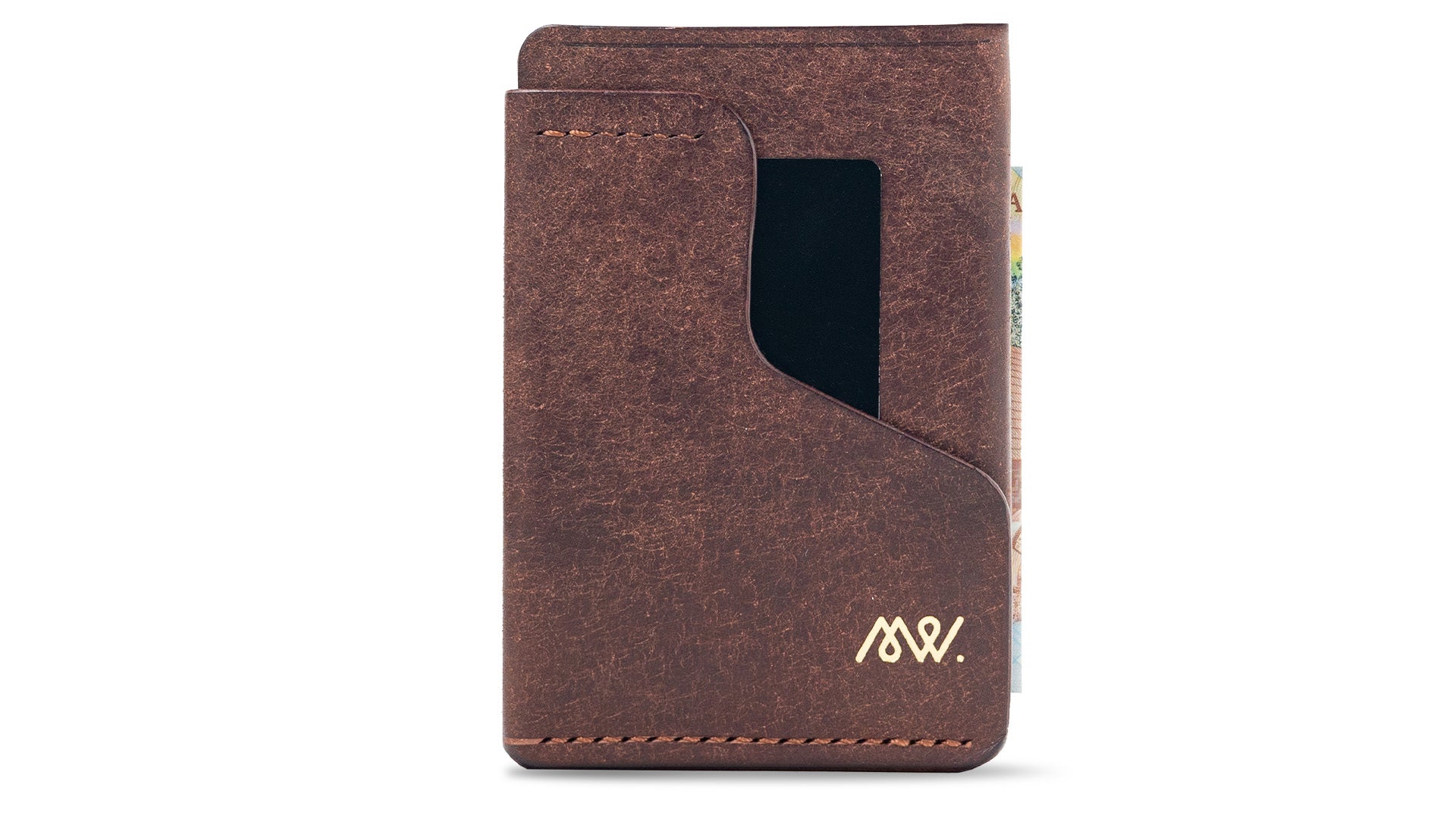 Portofel minimalist Mawani Wrap Chestnut din piele naturală Pueblo maro, cu carduri și bancnote, vedere din față