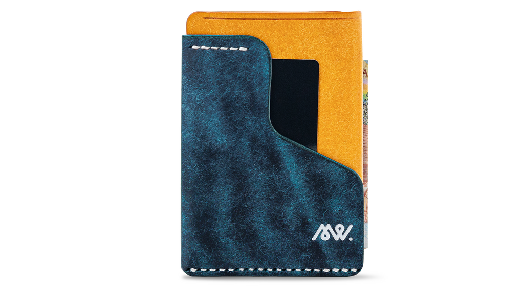 Portofel minimalist Mawani Wrap Graffiti din piele naturală Pueblo albastră și galbenă, cu carduri și bancnote, vedere din față