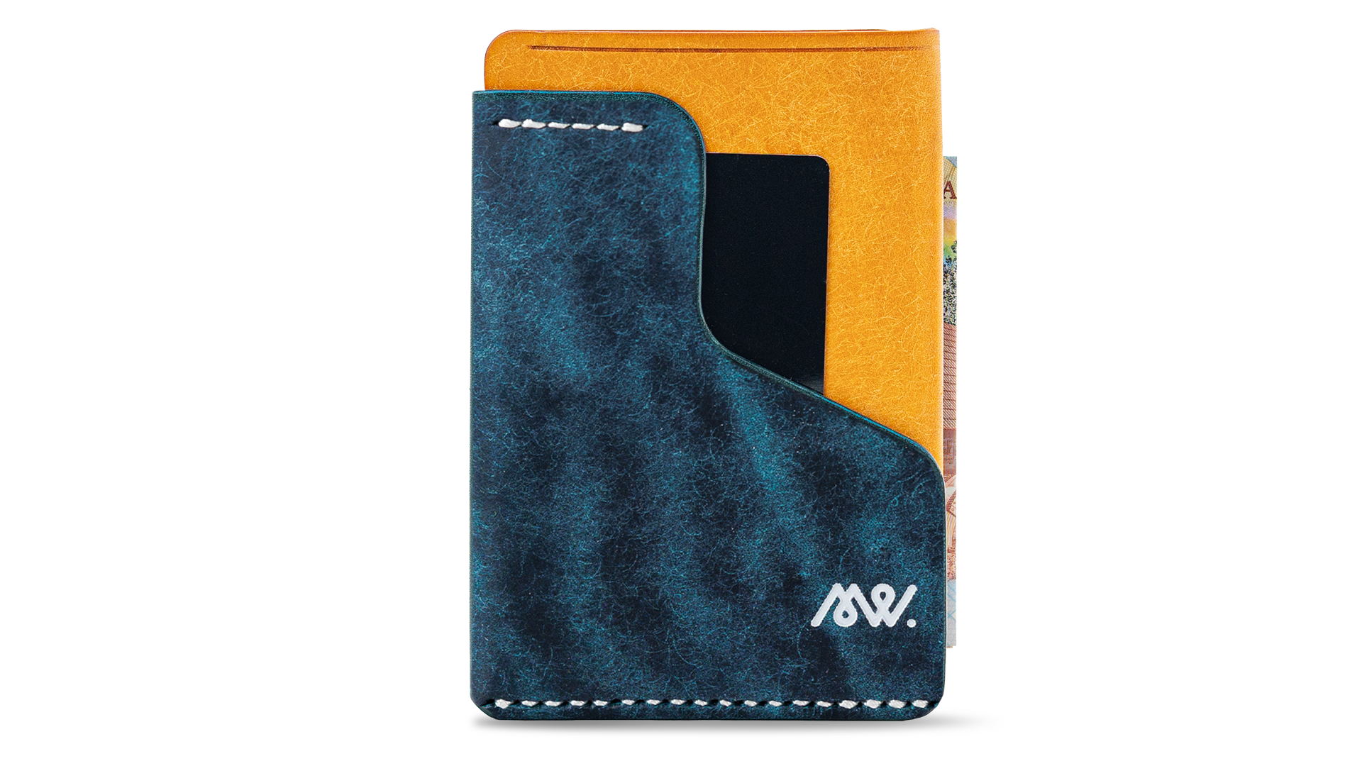 Portofel minimalist Mawani Wrap Graffiti din piele naturală Pueblo albastră și galbenă, cu carduri și bancnote, vedere din față