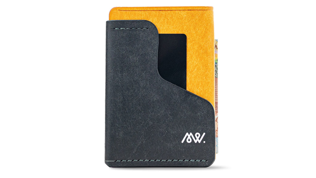 Portofel minimalist Mawani Wrap Hazard din piele naturală Pueblo galbenă și neagră, cu bancnote, buletin și carduri, vedere din față