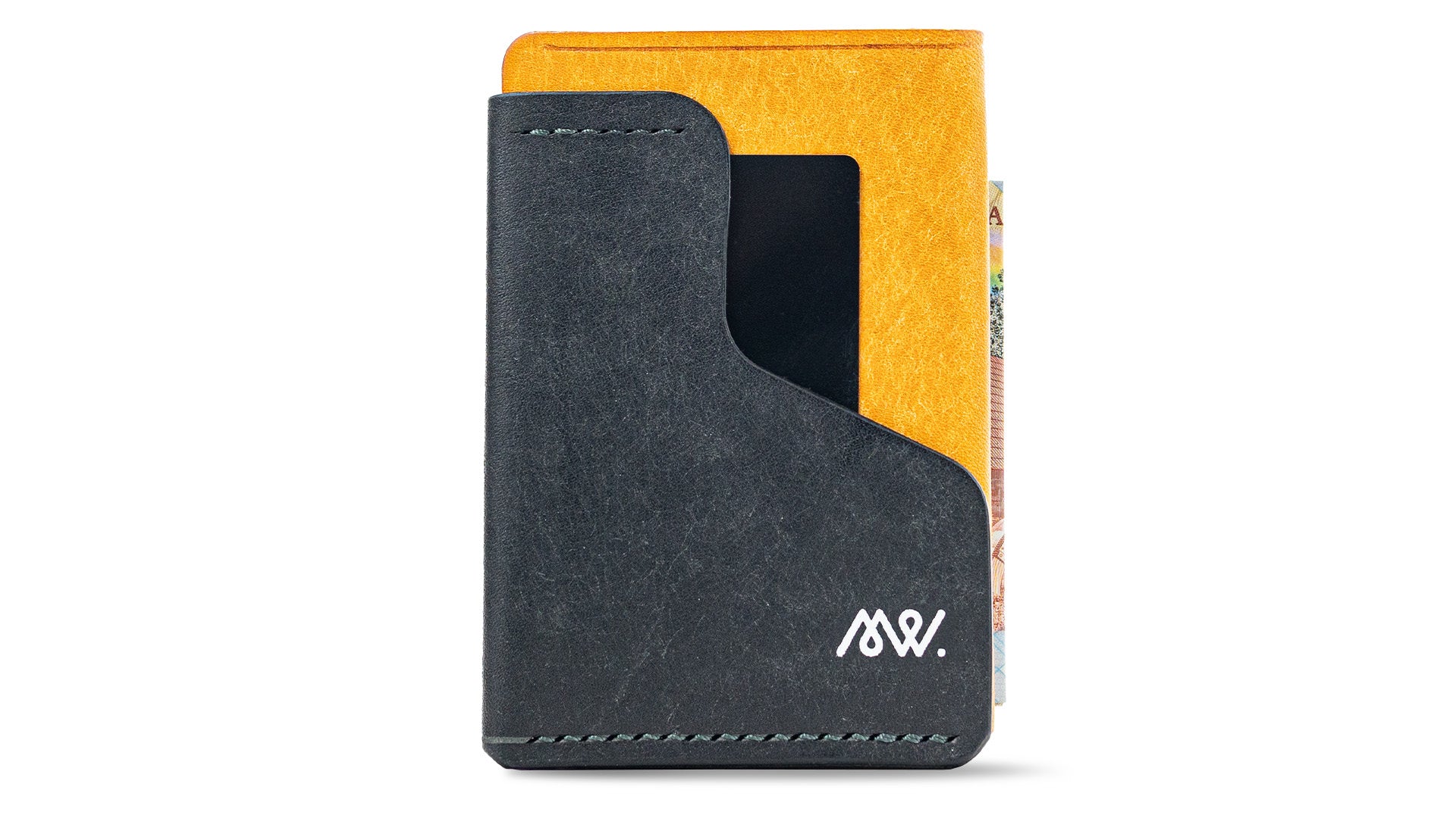Portofel minimalist Mawani Wrap Hazard din piele naturală Pueblo galbenă și neagră, cu bancnote, buletin și carduri, vedere din față