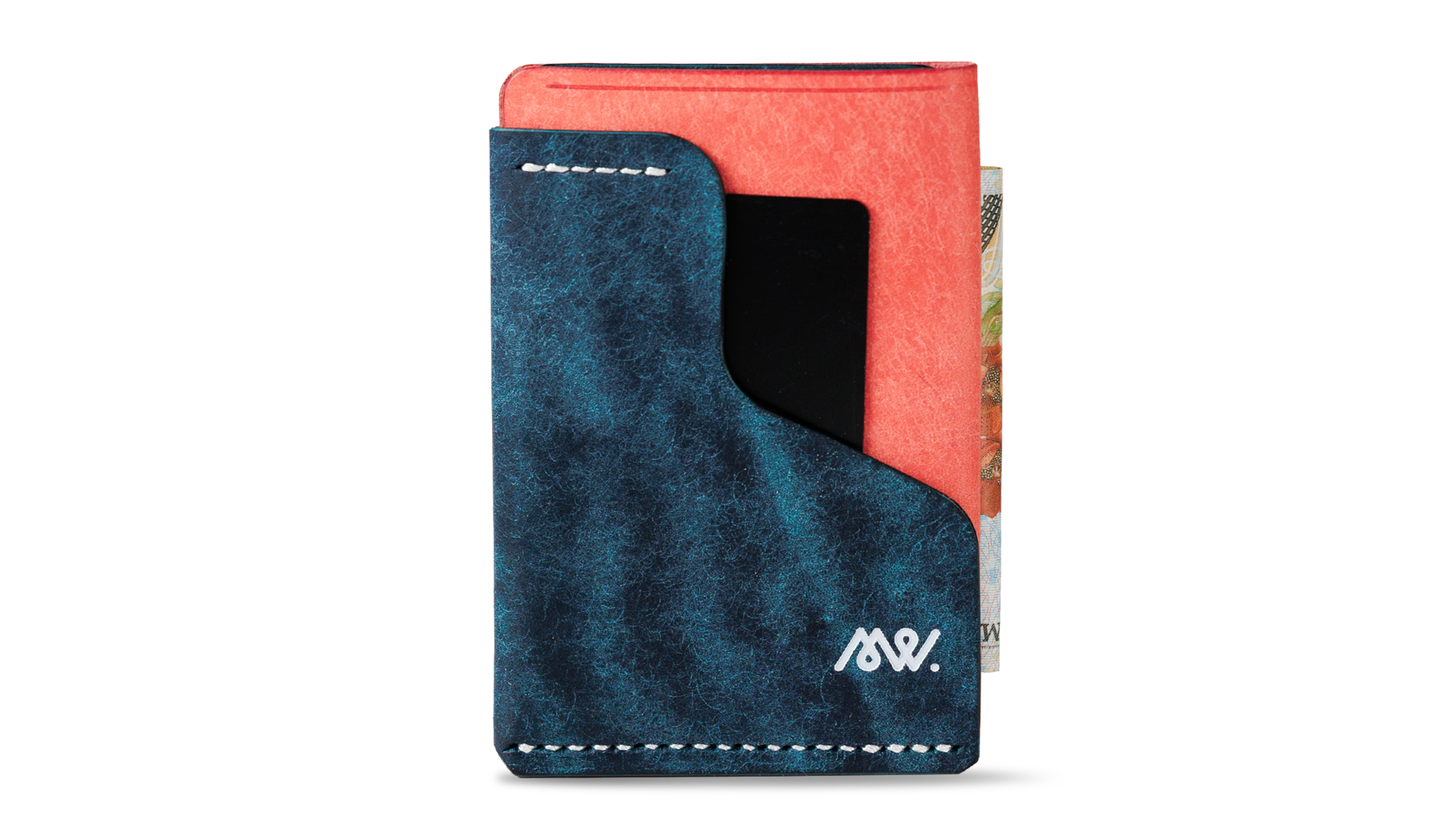 Portofel minimalist Mawani Wrap Lyra din piele naturală Pueblo albastră și roz, cu carduri și bancnote, vedere din față