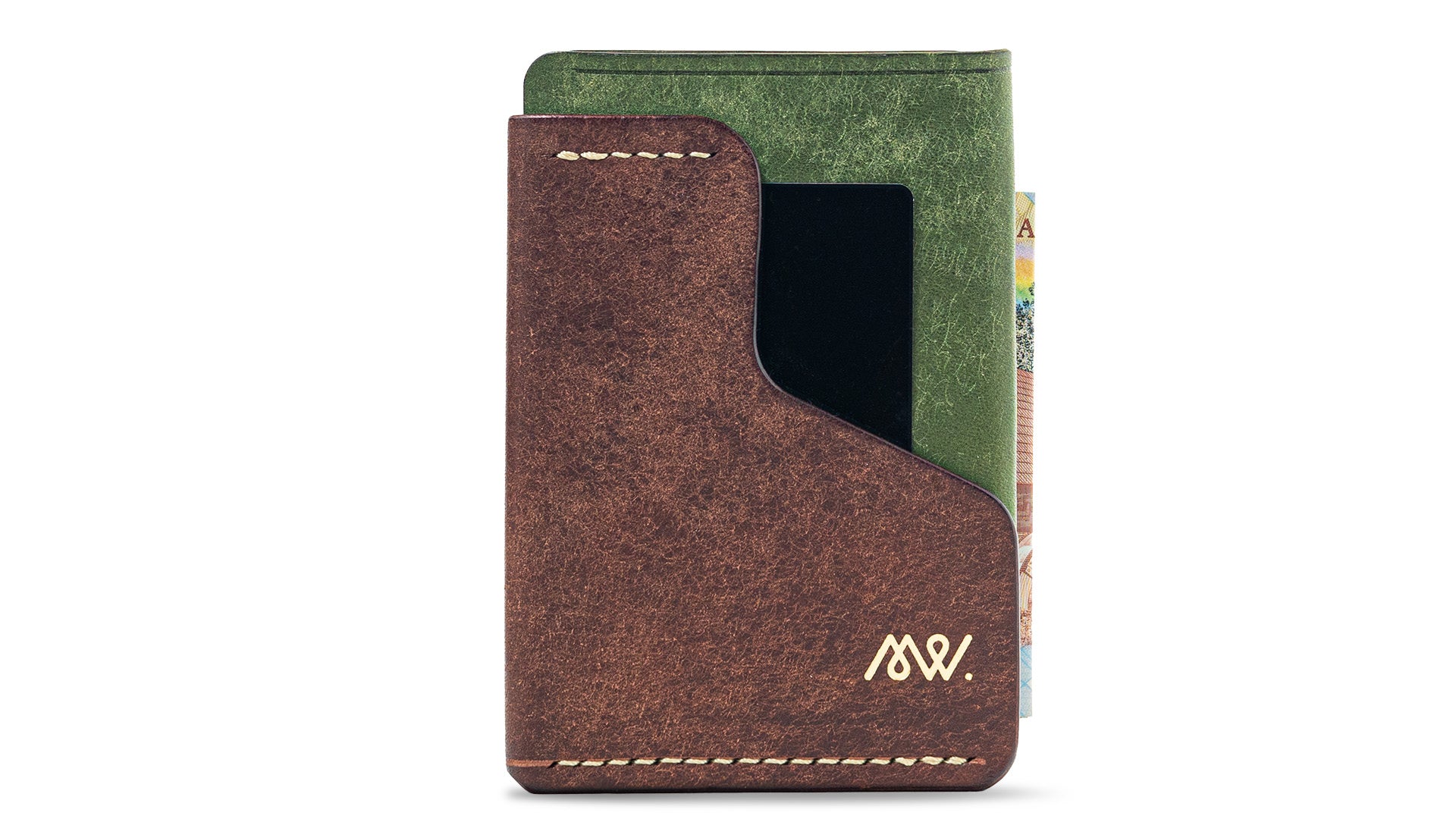 Portofel minimalist Mawani Wrap Meadow din piele naturală Pueblo maro și verde, cu carduri și bancnote, vedere din față