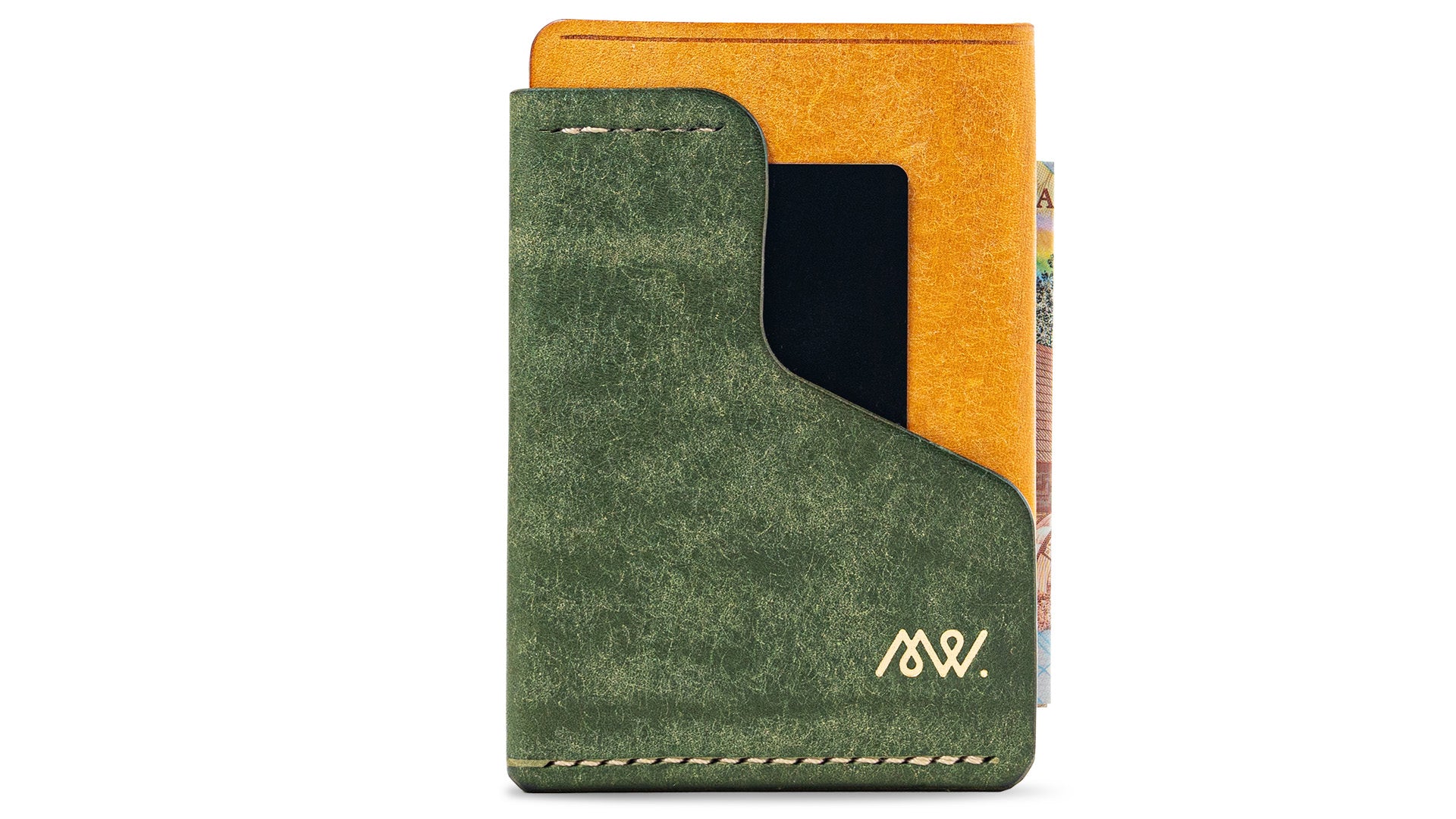 Portofel minimalist Mawani Wrap Sunrise din piele naturală Pueblo galbenă și verde, vedere din față, cu carduri și bancnote