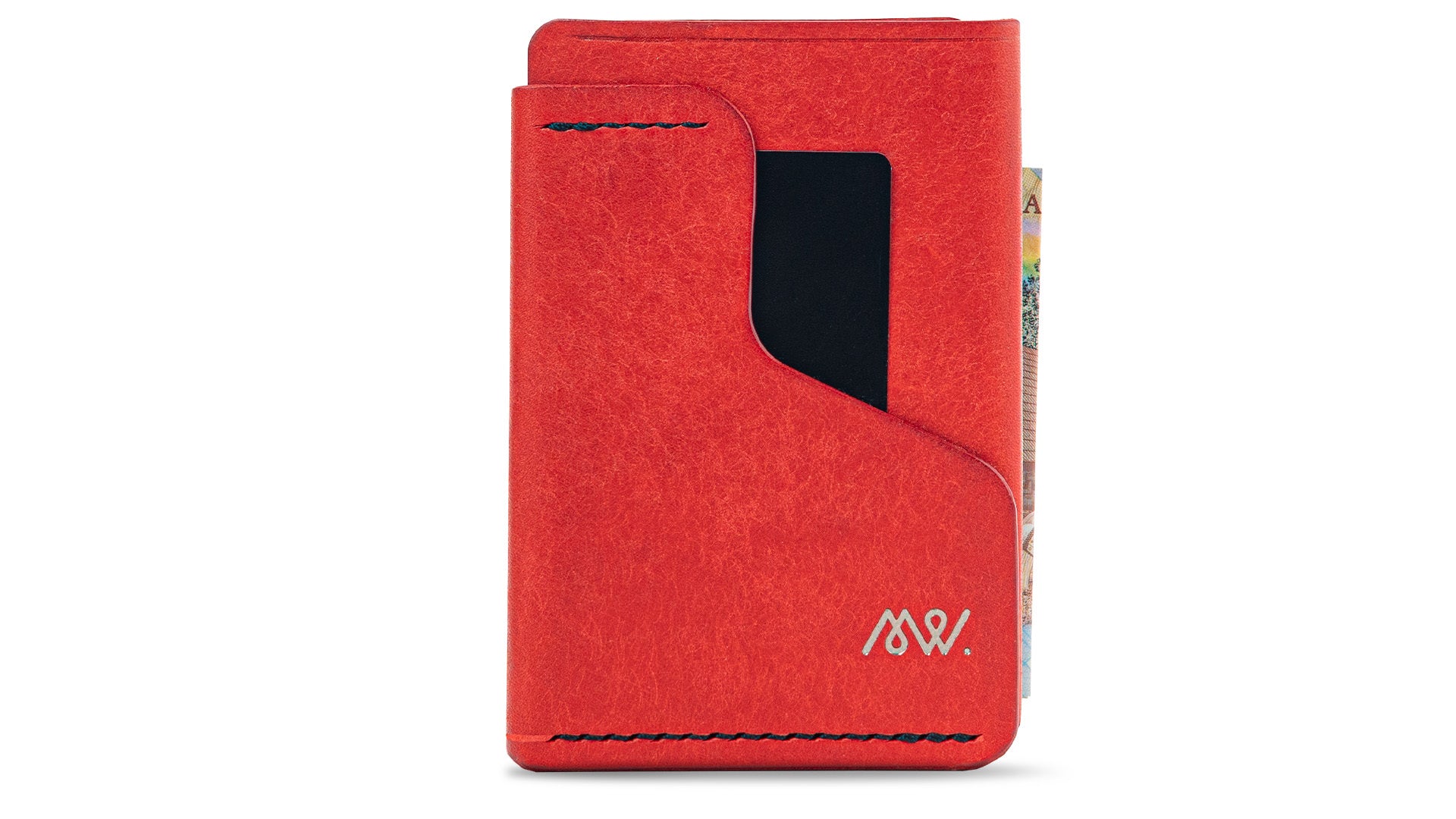 Portofel minimalist Mawani Wrap Velvet din piele naturală Pueblo roșie, vedere din față, cu carduri și bancnote