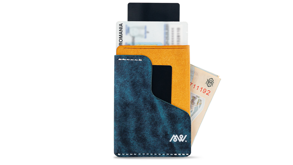 Portofel minimalist Mawani Wrap Graffiti din piele naturală Pueblo albastră și galbenă, cu bancnote, buletin și carduri, vedere din față