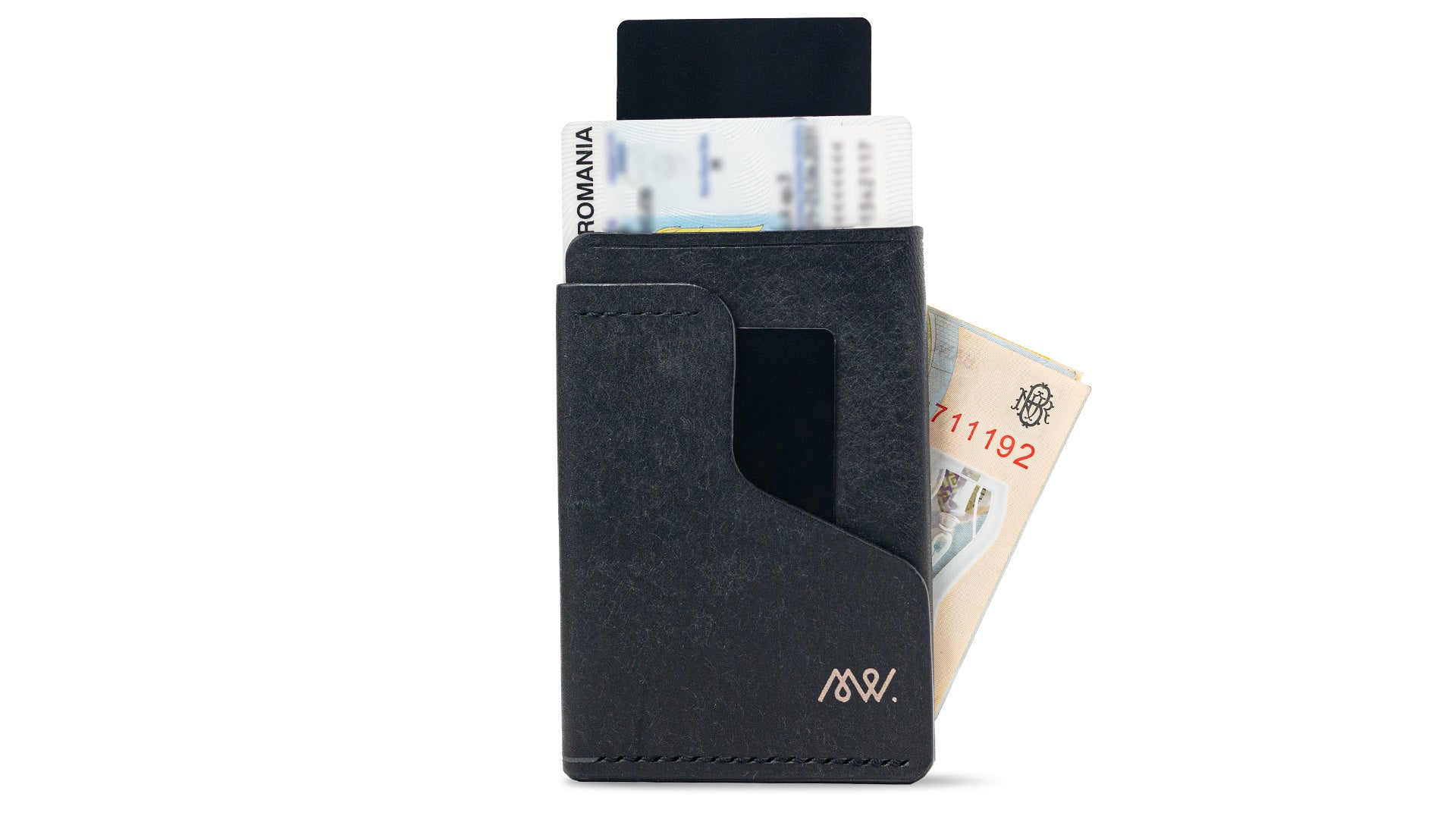 Portofel minimalist Mawani Wrap Shadow din piele naturală Pueblo neagră , cu bancnote, buletin și carduri, vedere din față