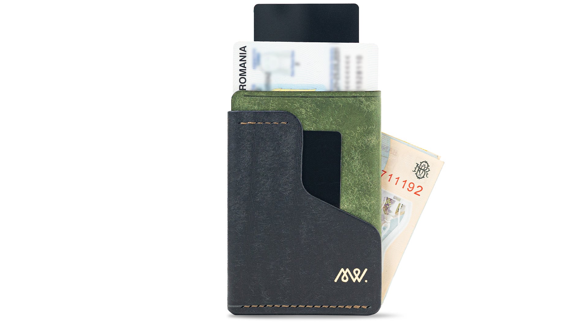 Portofel minimalist Mawani Wrap Vines din piele naturală Pueblo neagră și verde, cu bancnote, buletin și carduri, vedere din față