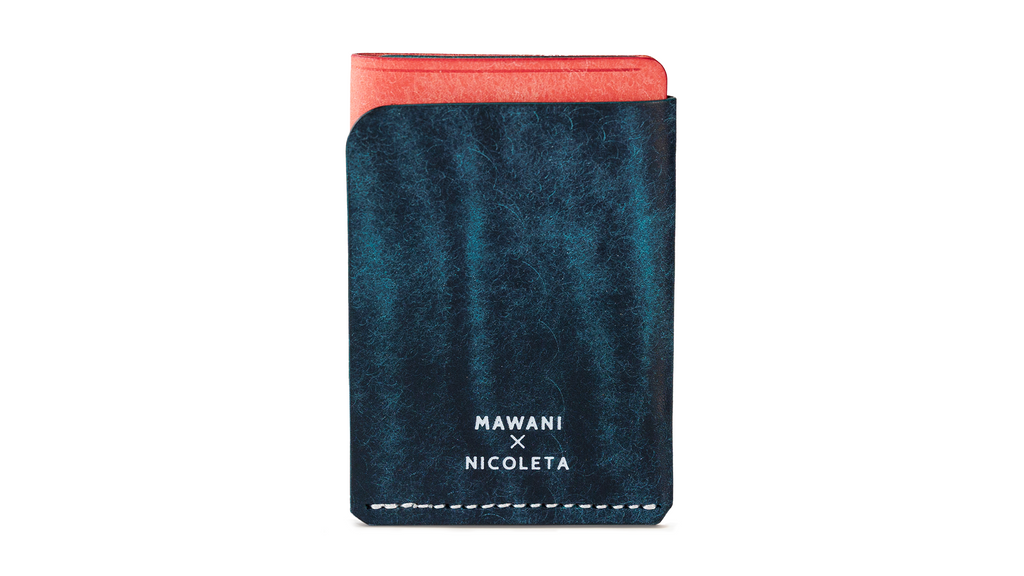 Portofel minimalist Mawani Wrap Lyra din piele naturala Pueblo albastră și roz, vedere din spate