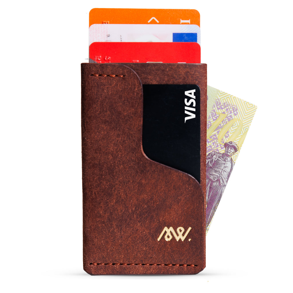 Portofel minimalist Mawani Mini Wrap Chestnut din piele naturală Pueblo maro, cu carduri și bancnote, vedere frontală