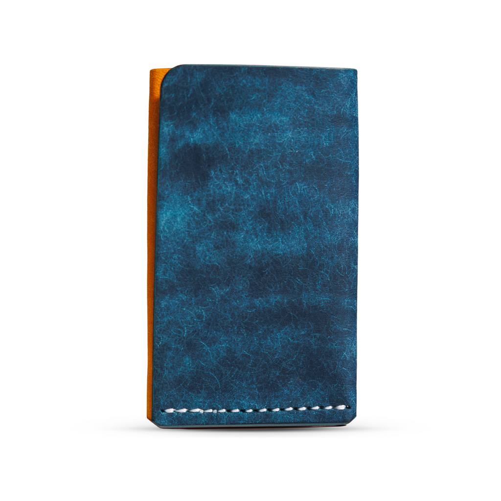 Portofel minimalist Mawani Mini Wrap Graffiti din piele naturală Pueblo albastră și galbenă, vedere din spate