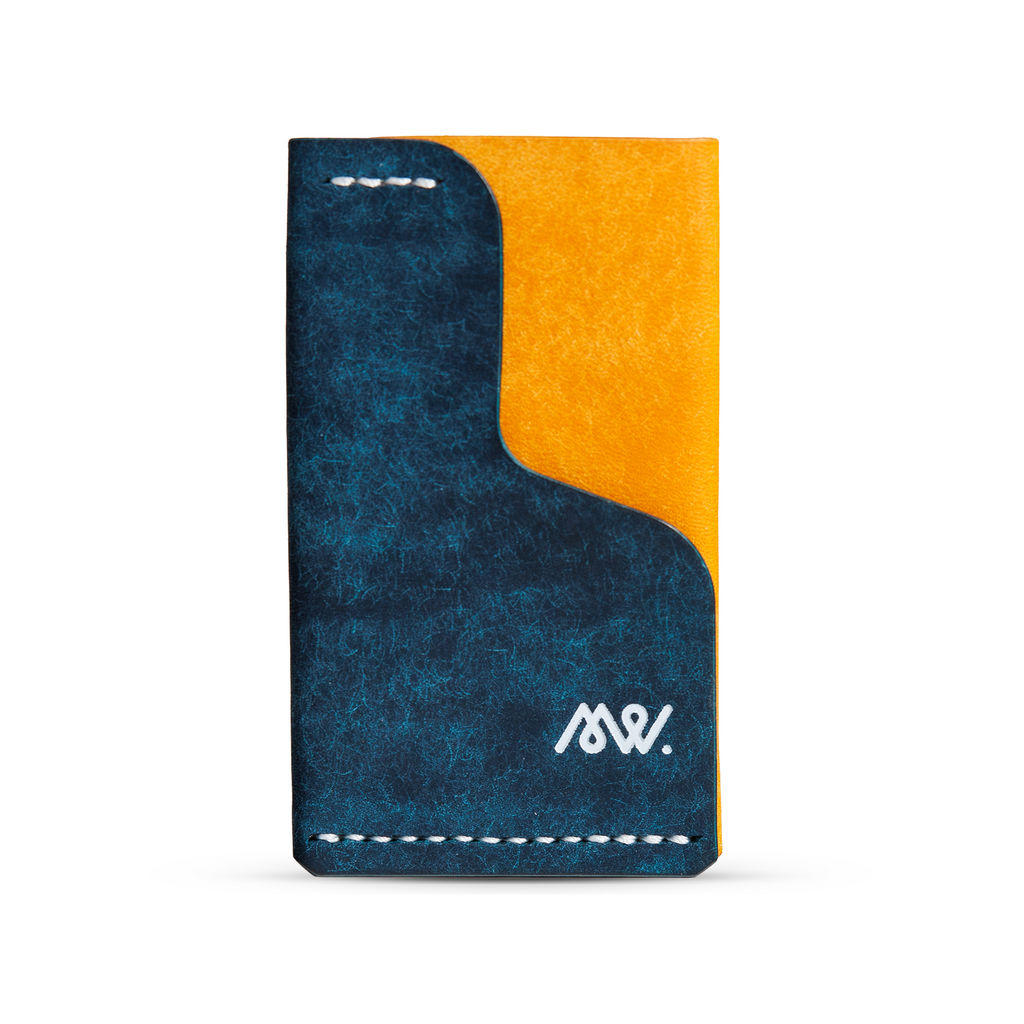 Portofel minimalist Mawani Mini Wrap Graffiti din piele naturală Pueblo albastră și galbenă, vedere din față