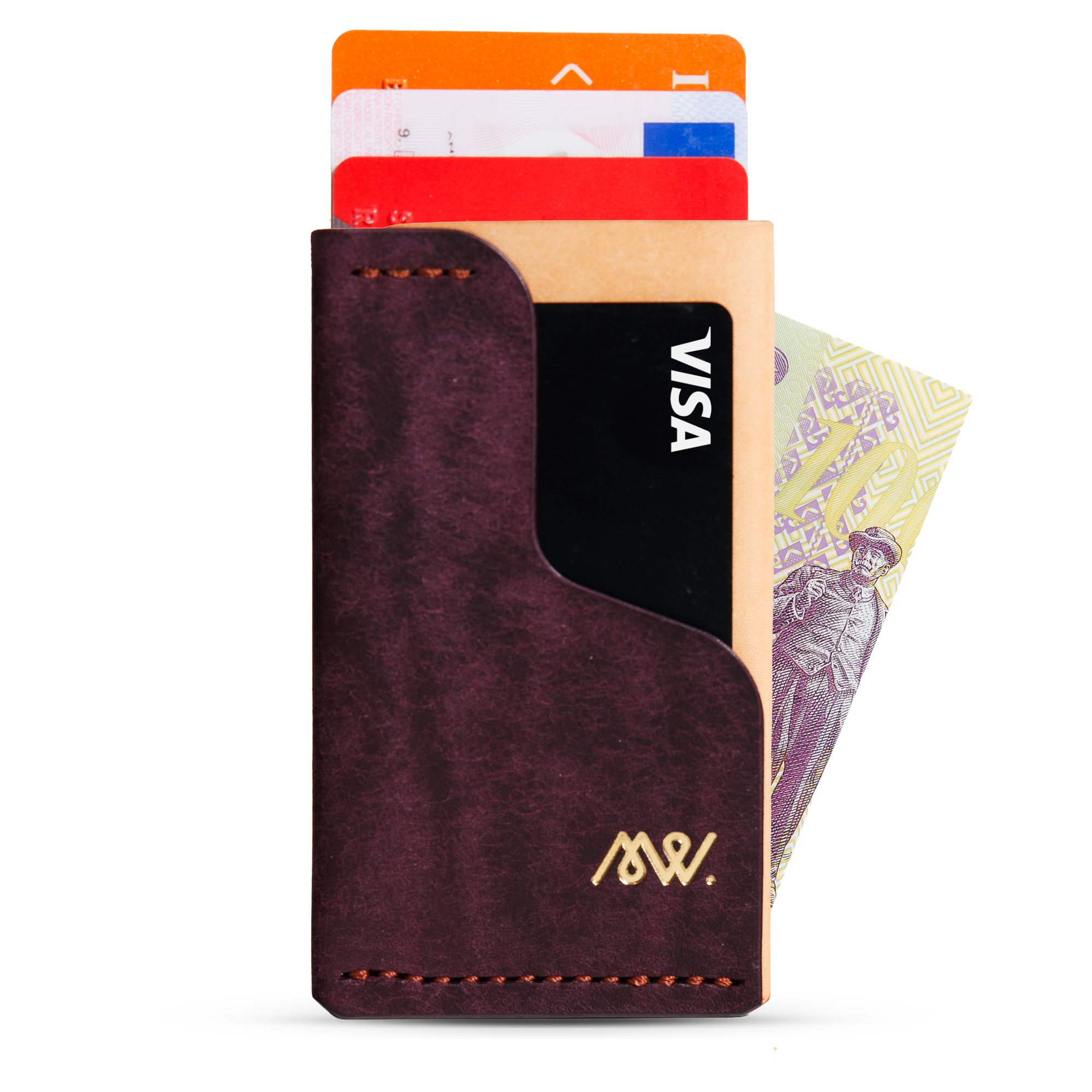 Portofel minimalist Mawani Mini Wrap Halo din piele naturală Pueblo mov și natur, vedere din față, cu carduri si bancnote