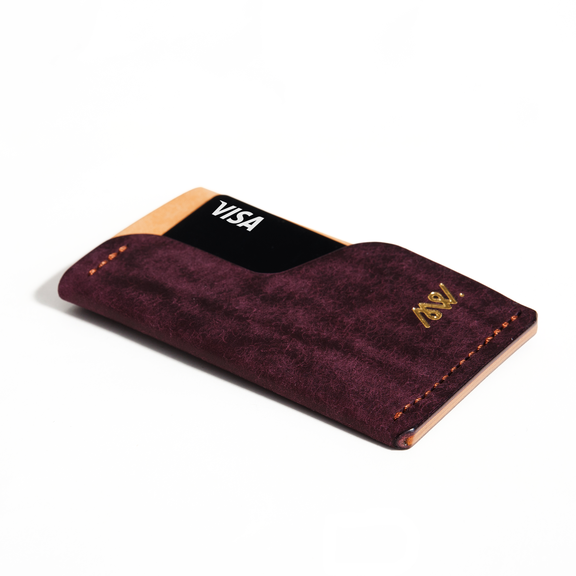 Portofel minimalist Mawani Mini Wrap Halo din piele naturală Pueblo mov și natur, vedere din perspectivă, cu carduri