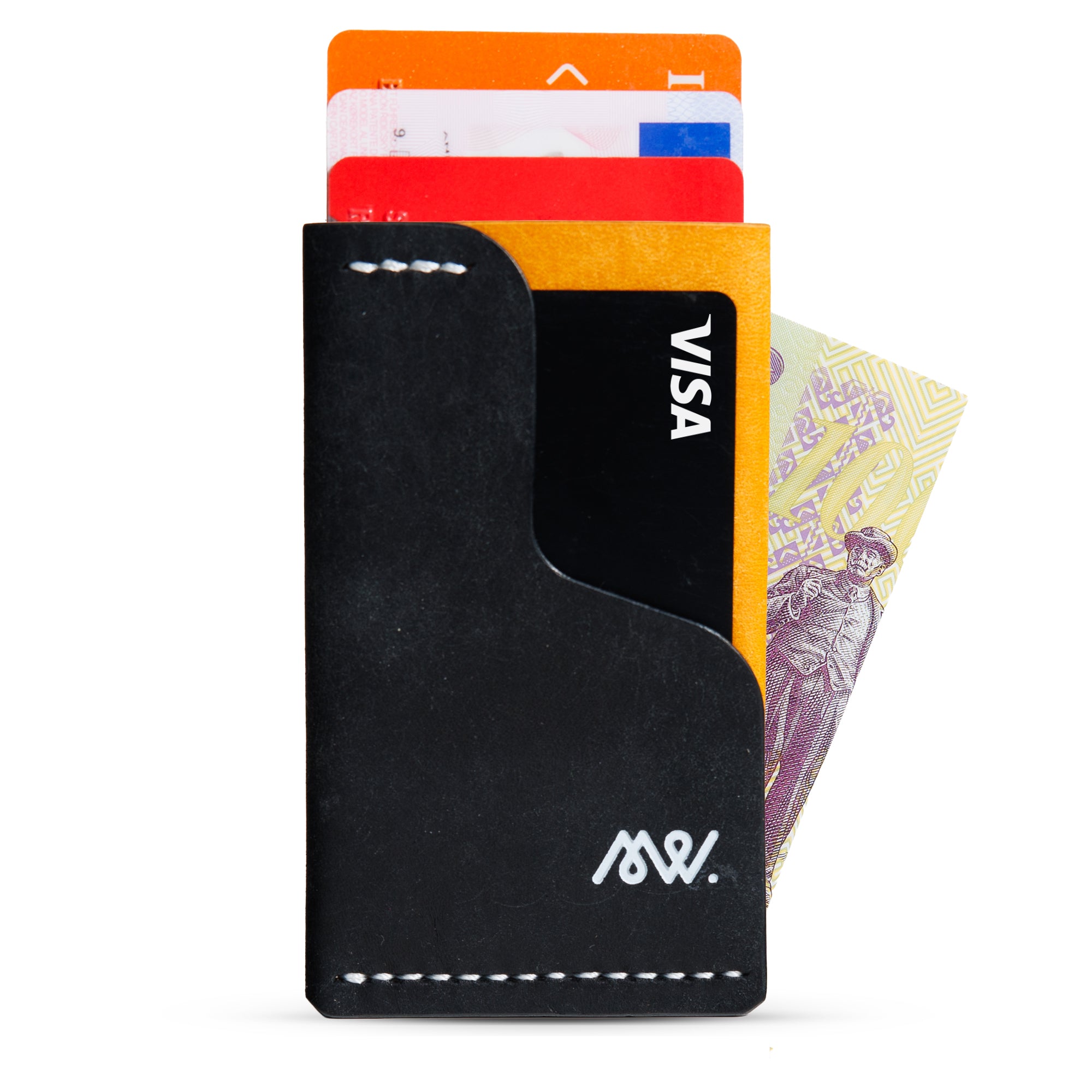 Portofel minimalist Mawani Mini Wrap Hazard din piele naturală Pueblo neagră și galbenă, cu carduri și bancnote, vedere frontală