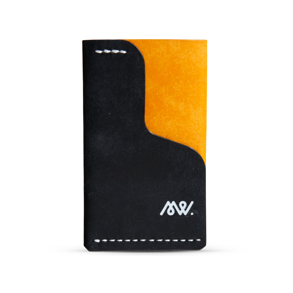 Portofel minimalist Mawani Mini Wrap Hazard din piele naturală Pueblo neagră și galbenă, vedere frontală