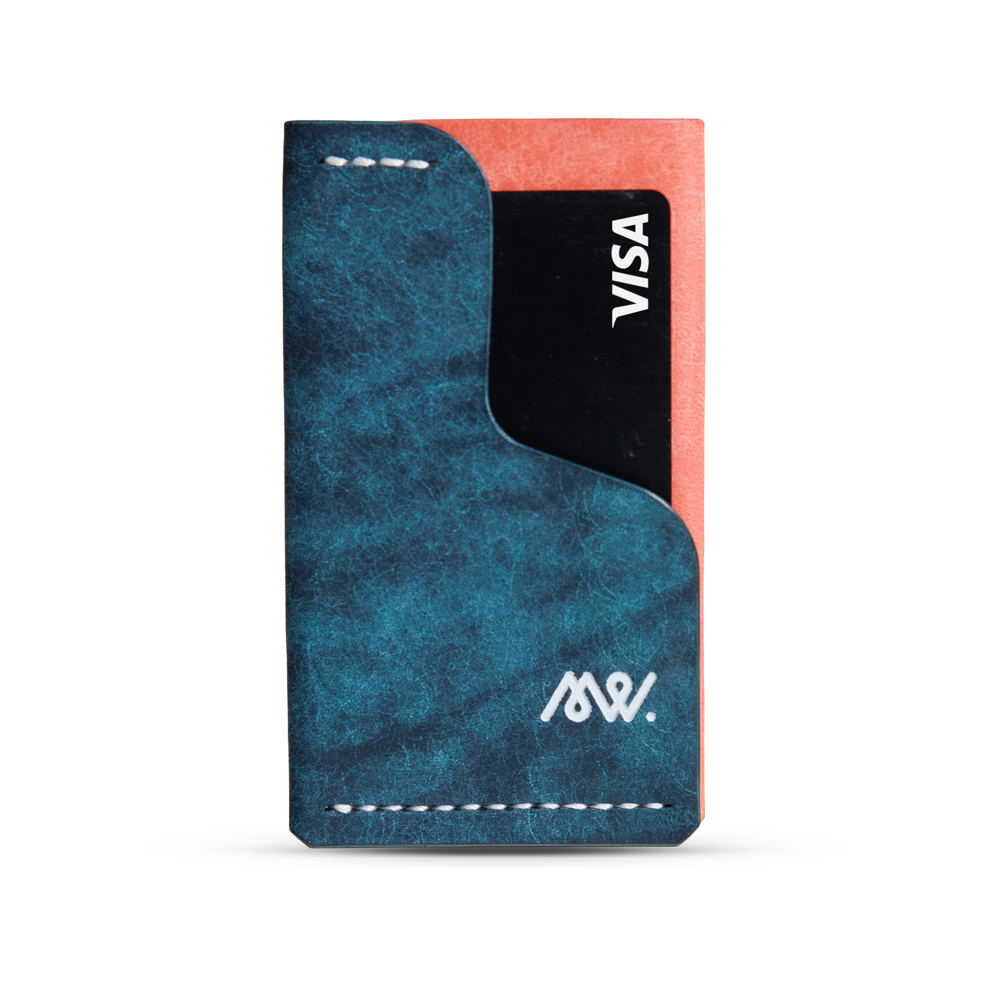 Portofel minimalist Mawani Mini Wrap Lyra din piele naturală Pueblo albastră și roz, vedere din față, cu carduri