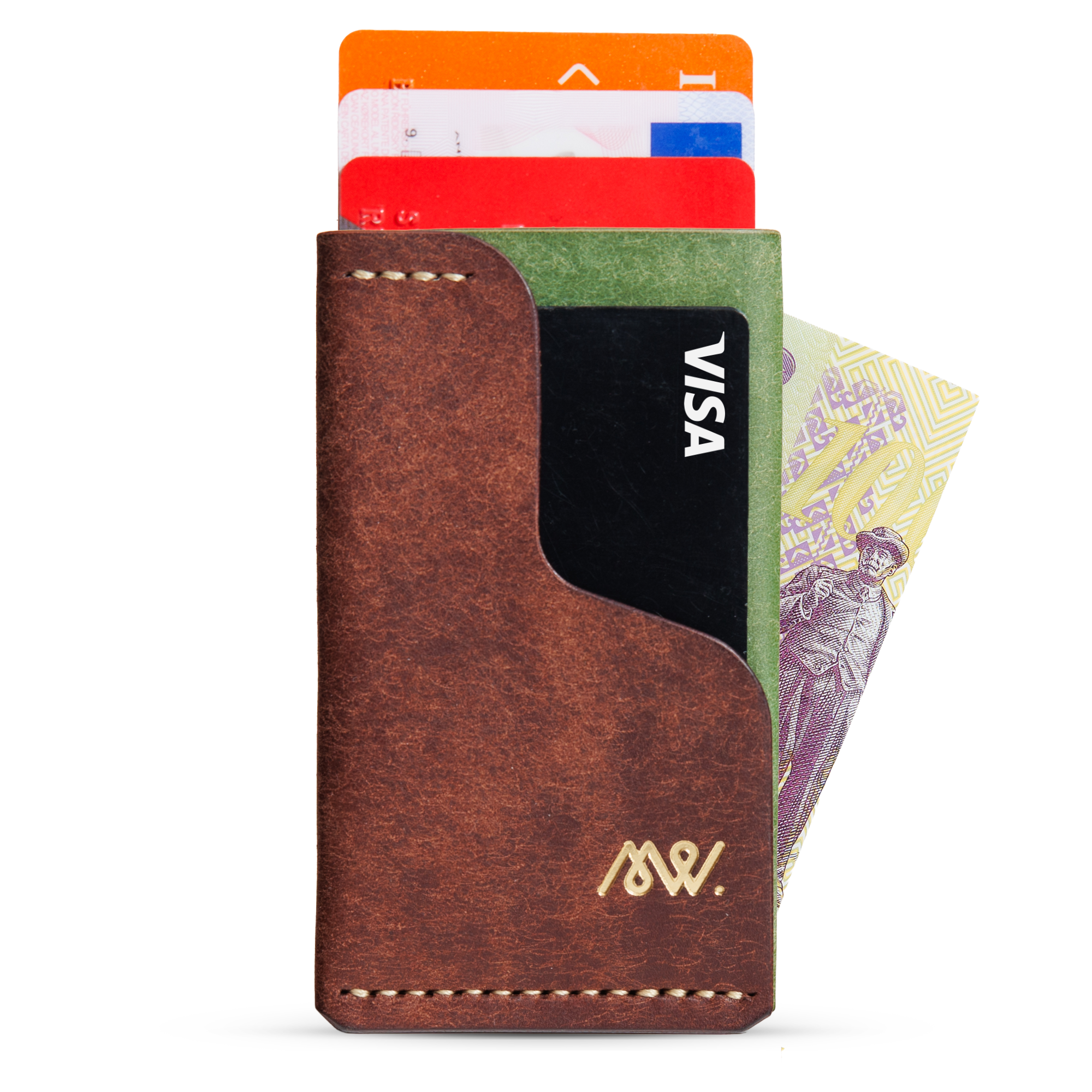 Portofel minimalist Mawani Mini Wrap Meadow din piele naturală Pueblo maro și verde, vedere din față, cu carduri și bancnote