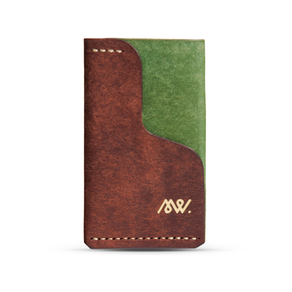 Portofel minimalist Mawani Mini Wrap Meadow din piele naturală Pueblo maro și verde, vedere din față