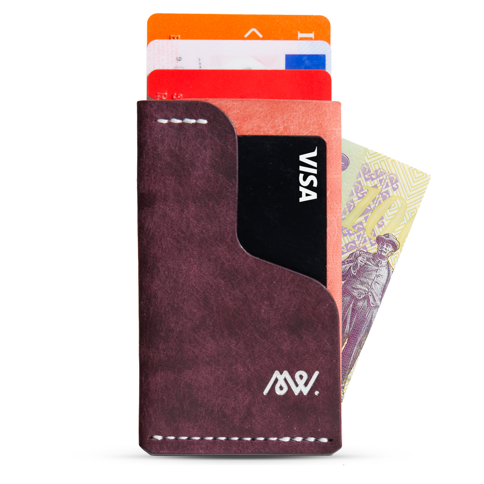 Portofel minimalist Mawani Mini Wrap Nova din piele naturală Pueblo mov și roz, vedere din față, cu carduri și bancnote