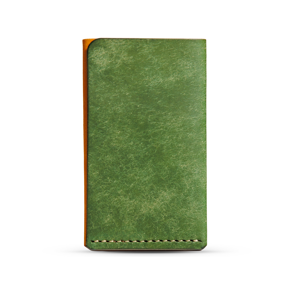 Portofel minimalist Mawani Mini Wrap Sunrise din piele naturală Pueblo verde și galbenă, vedere din spate