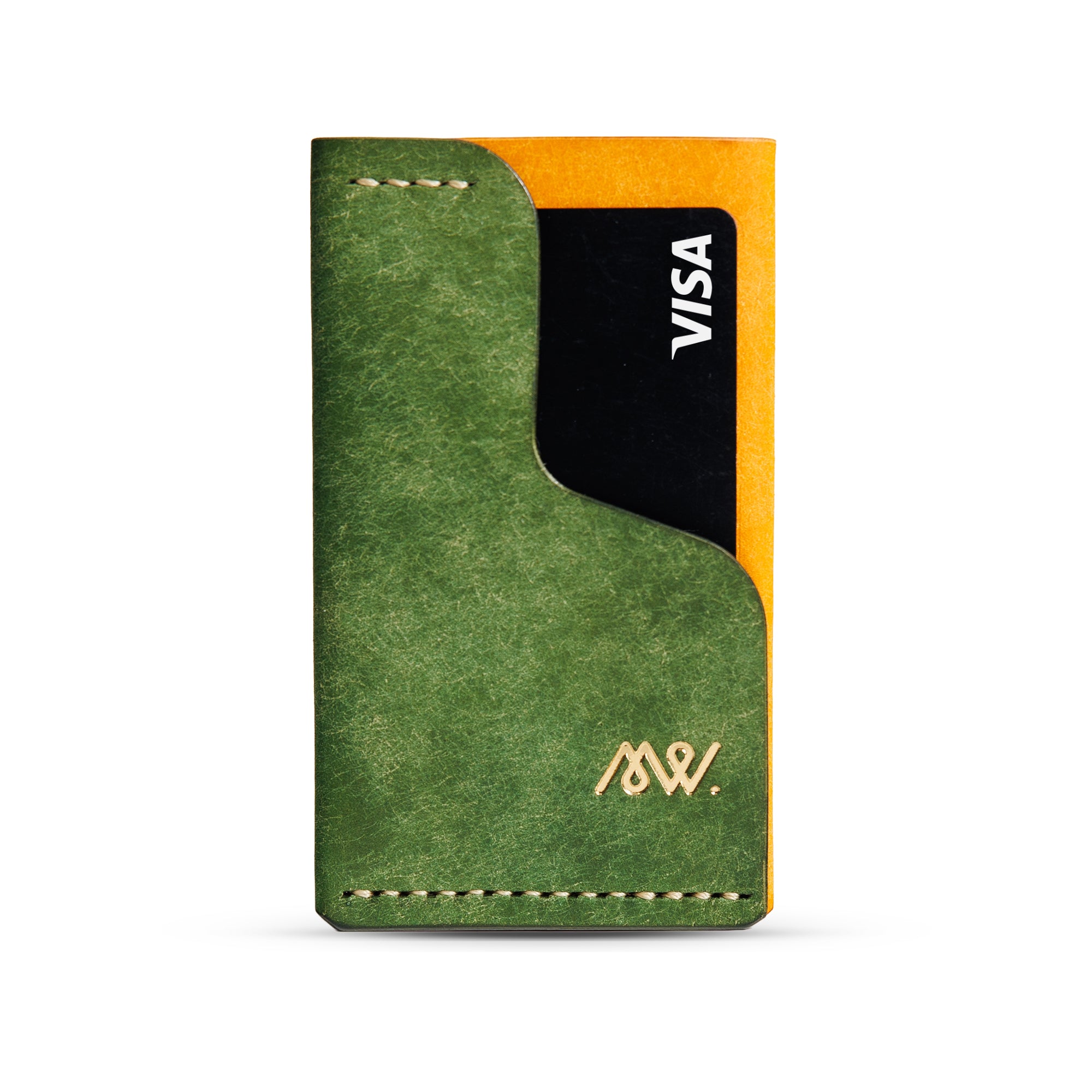 Portofel minimalist Mawani Mini Wrap Sunrise din piele naturală Pueblo verde și galbenă, vedere din față, cu carduri