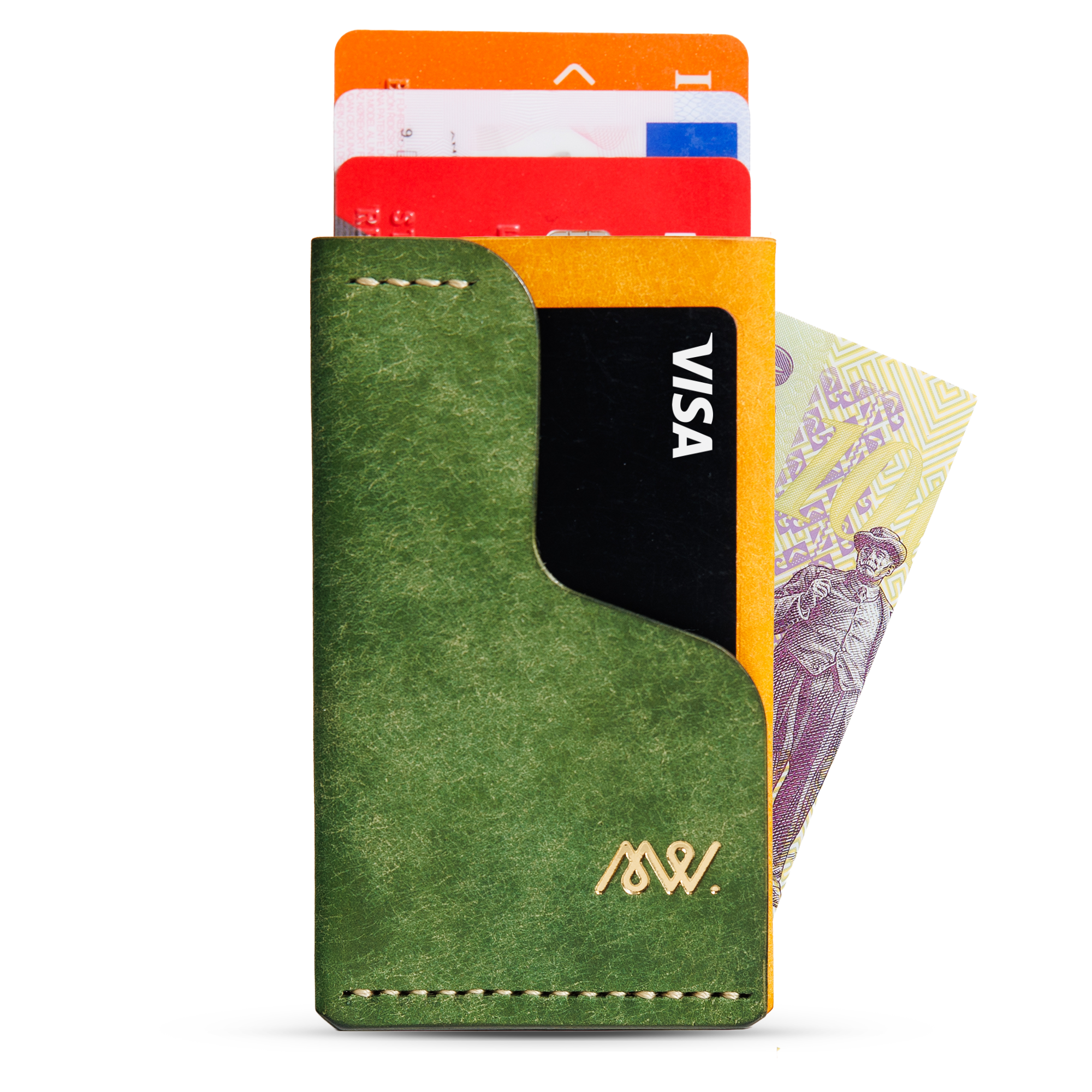 Portofel minimalist Mawani Mini Wrap Sunrise din piele naturală Pueblo verde și galbenă, vedere din față, cu carduri și bancnote