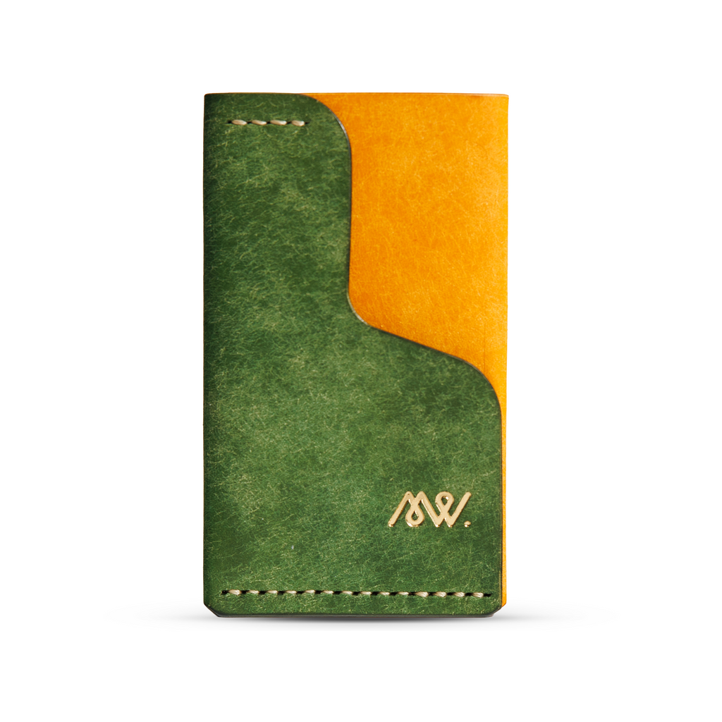 Portofel minimalist Mawani Mini Wrap Sunrise din piele naturală Pueblo verde și galbenă, vedere din față
