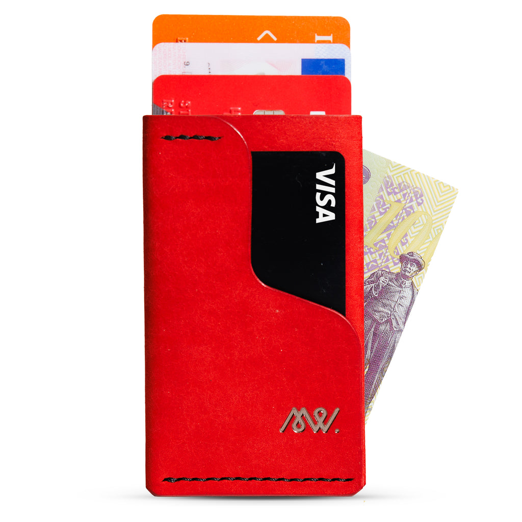 Portofel minimalist Mawani Mini Wrap Velvet din piele naturală Pueblo roșie, cu carduri si bancnote, vedere frontală