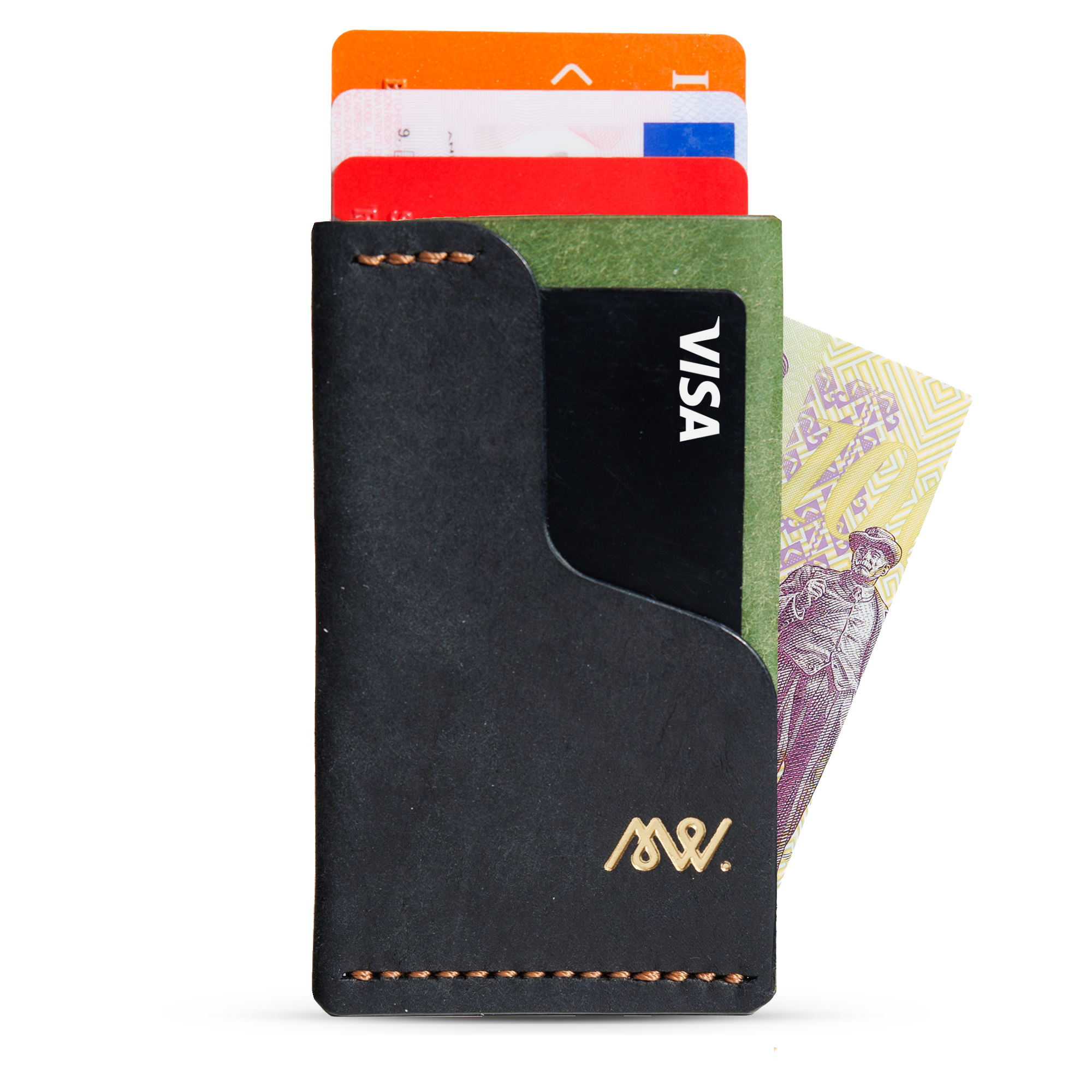 Portofel minimalist Mawani Mini Wrap Vines din piele naturală Pueblo neagră și verde, cu carduri si bancnote, vedere frontală
