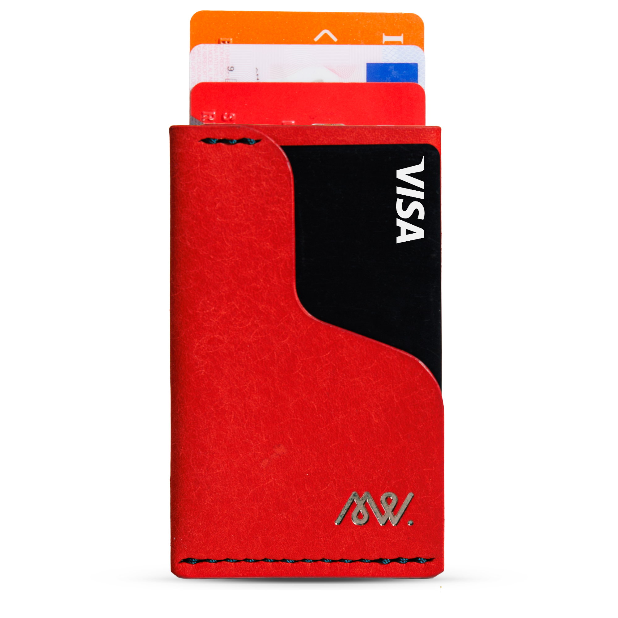 Portofel minimalist Mawani Micro Wrap Velvet din piele naturală Pueblo roșie, vedere din față, cu carduri 