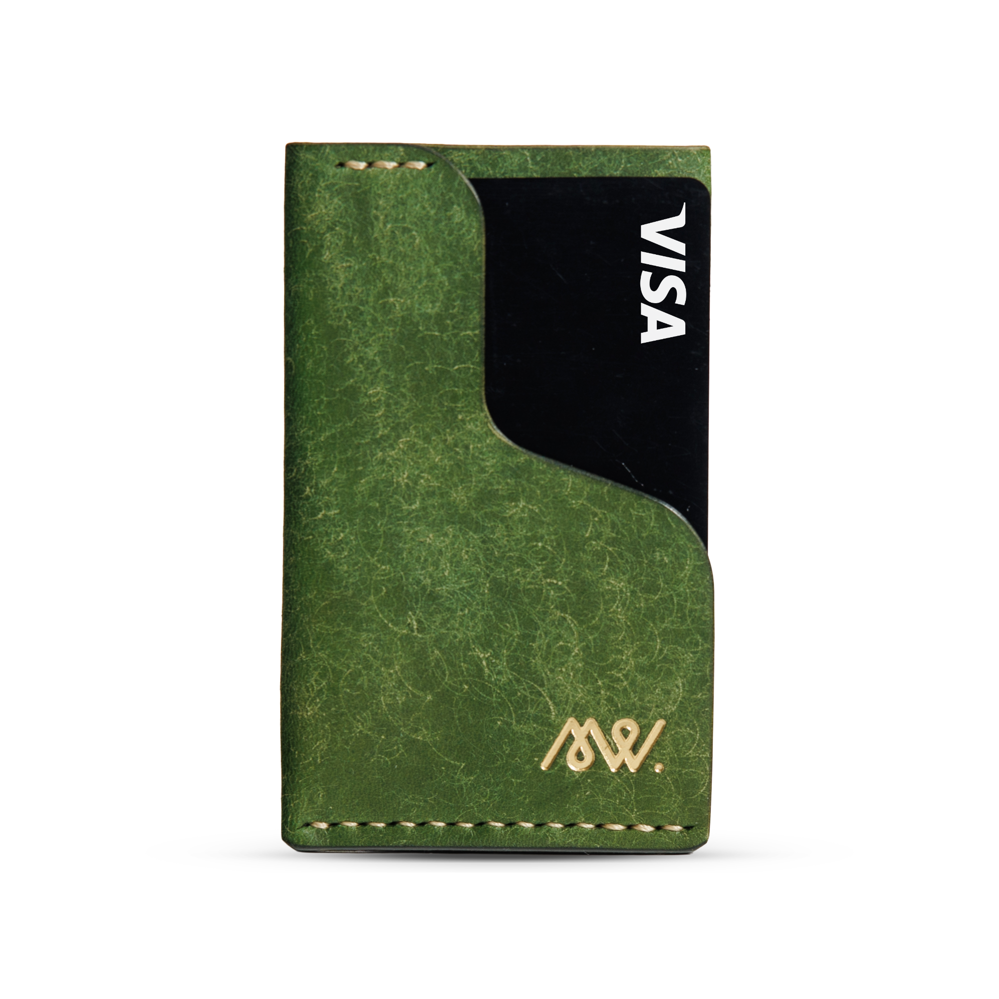 Portofel minimalist Mawani Micro Wrap Forest din piele naturală Pueblo verde, vedere din față, cu carduri 