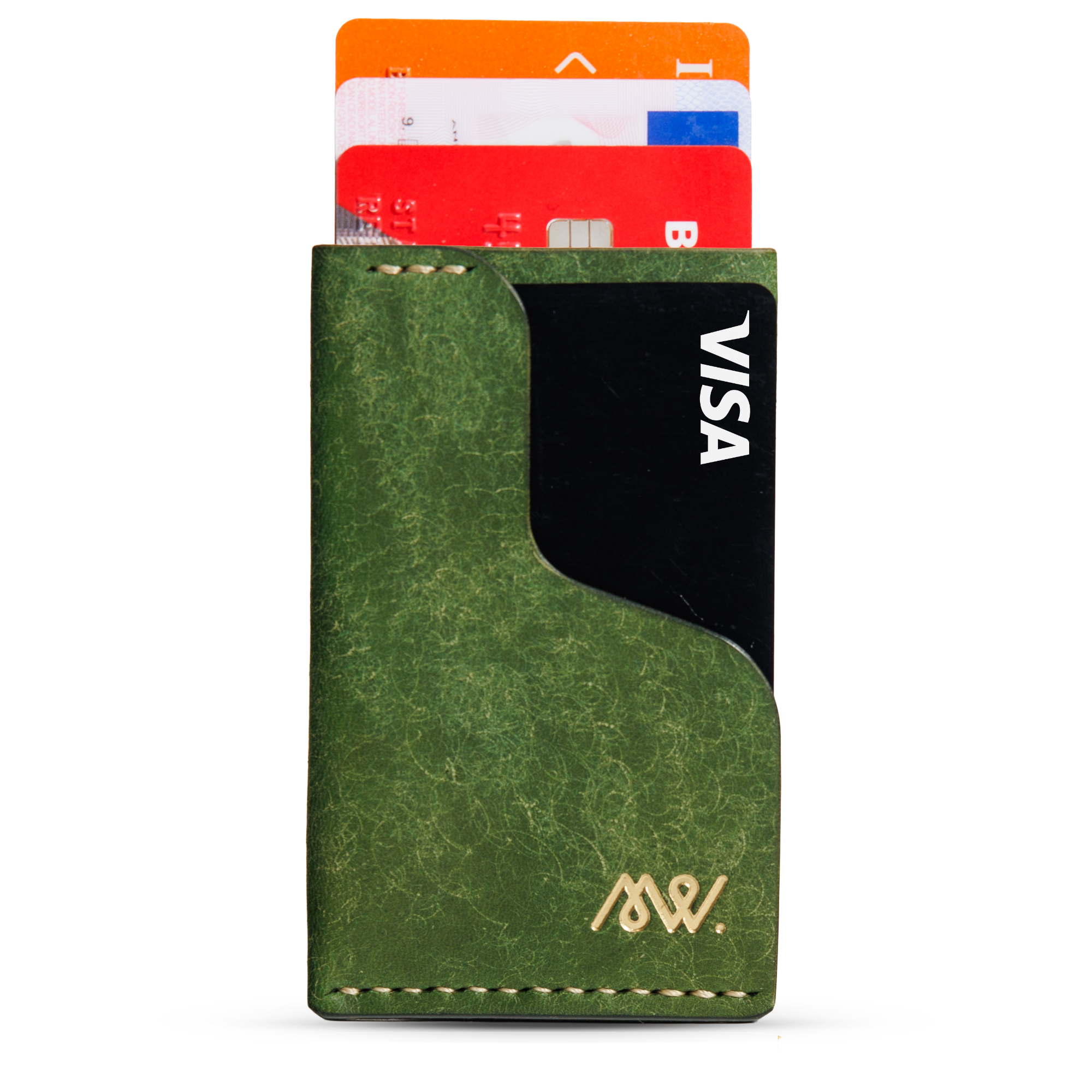 Portofel minimalist Mawani Micro Wrap Forest din piele naturală Pueblo verde, vedere din față, cu carduri 